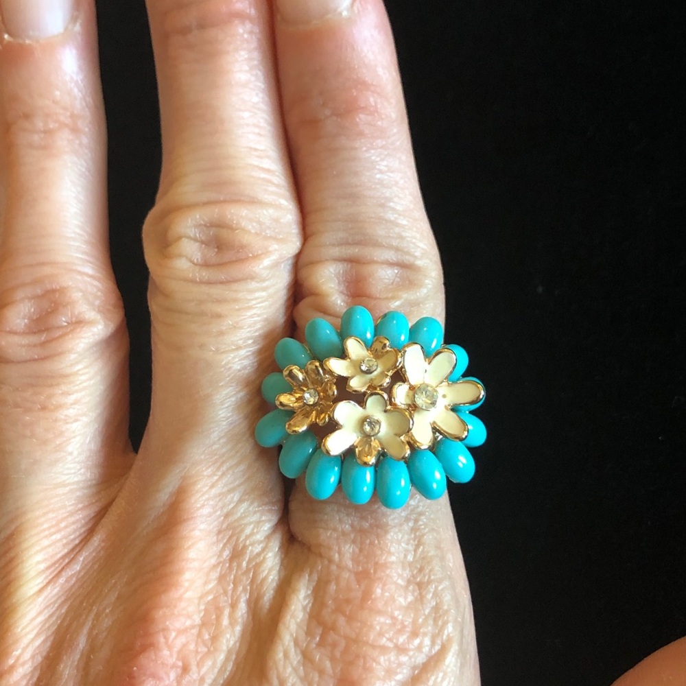 Floral Turquoise Like Blue Color and Gold Tone Women's Ring